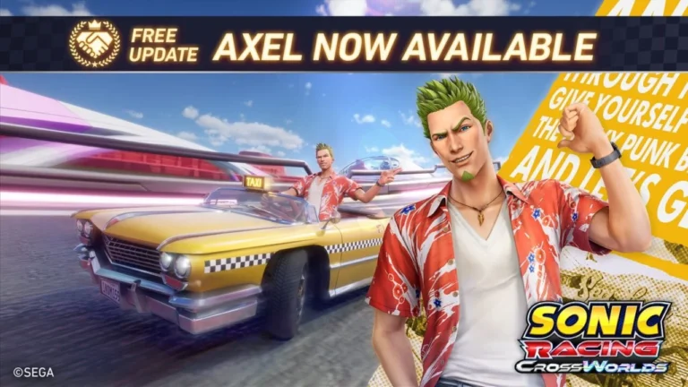 Axel de Crazy Taxi pilotando o Devolada Yellow Jack em Sonic Racing CrossWorlds