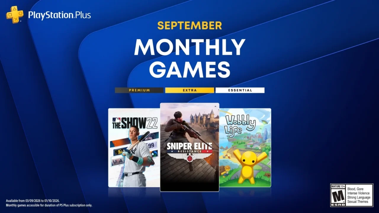 Jogos do PlayStation Plus de setembro de 2026 com MLB The Show 26, Sniper Elite Resistance, Wobbly Life e Chained Echoes