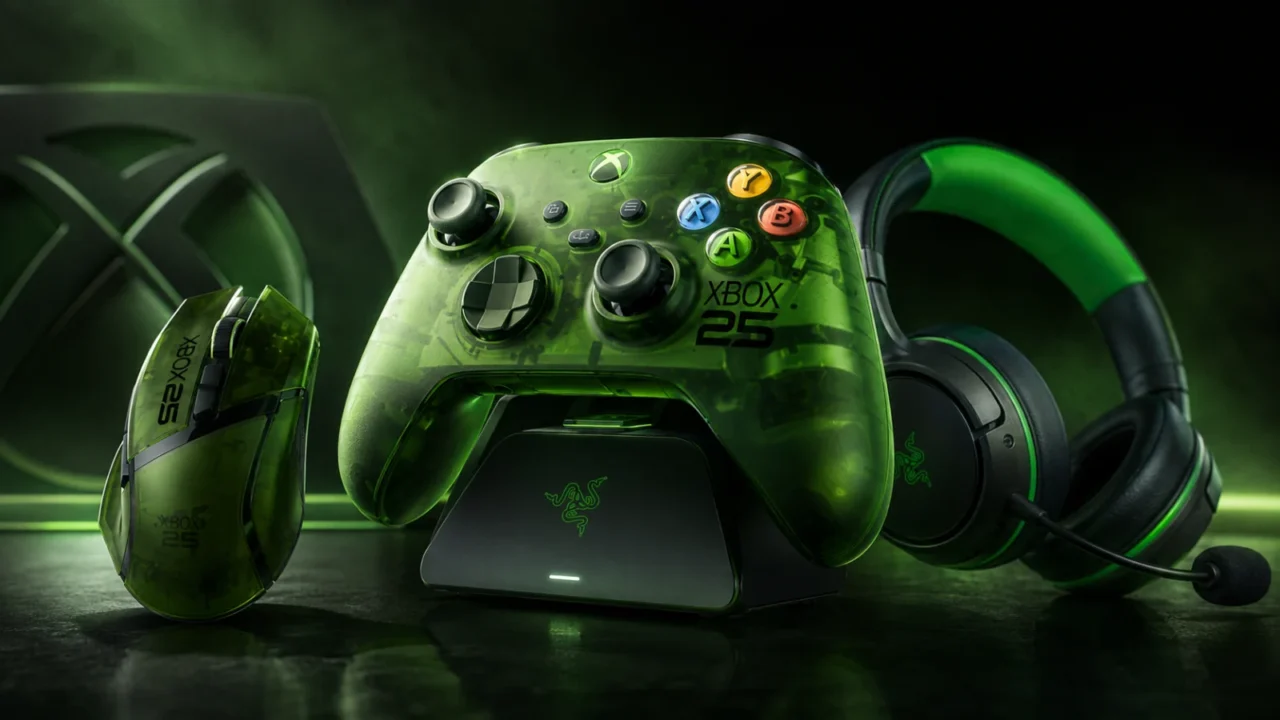 Acessórios da coleção de 25 anos do Xbox com visual translúcido